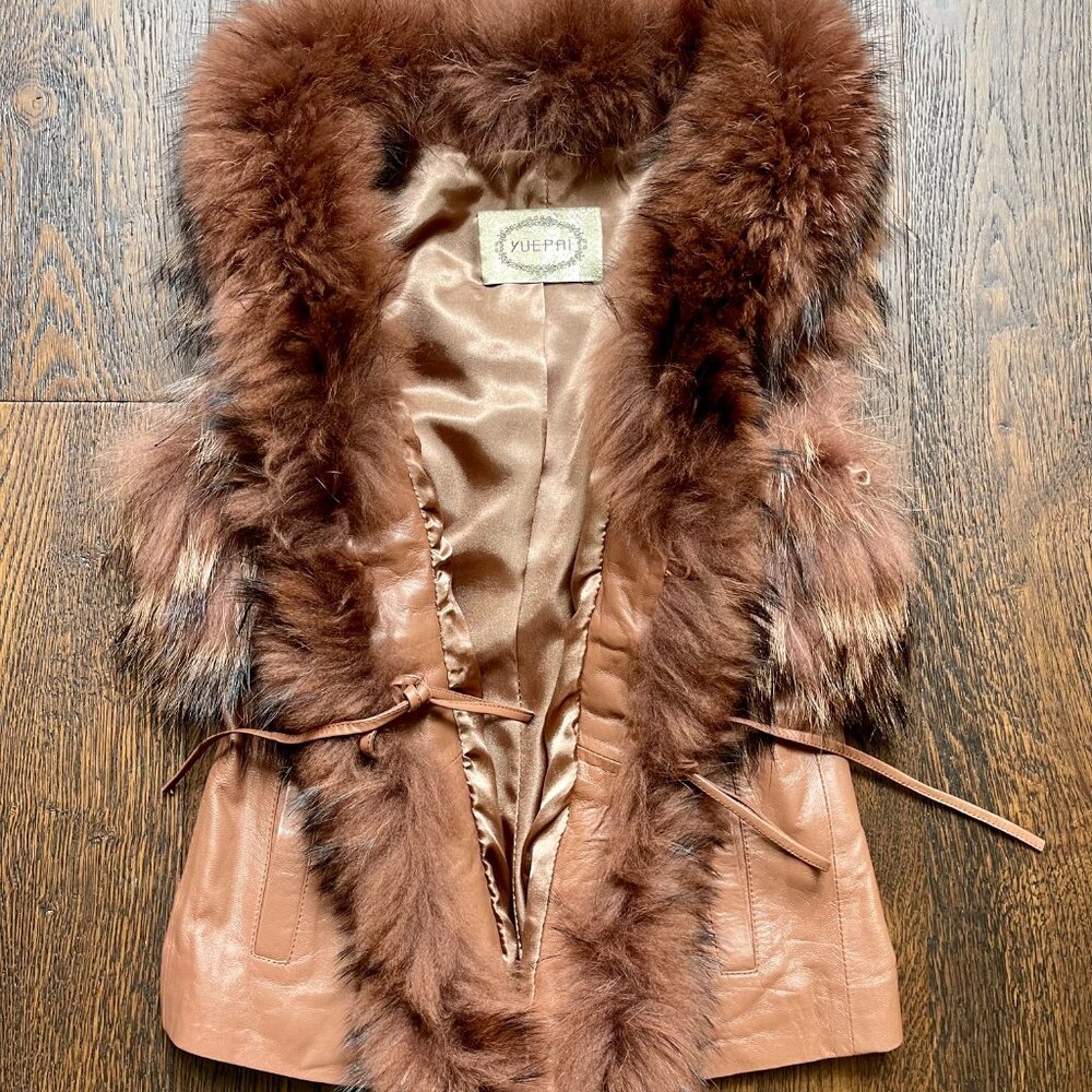 New Real Fox Fur Brown Leather Vest XS - Picture 8 of 10